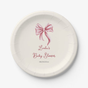 Pink Bow Calligraphy Girl Baby Shower Paper Plate