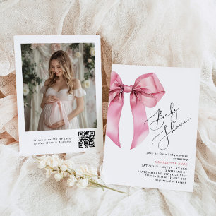 Pink Bow calligraphy Photo QR code Baby Shower  Invitation