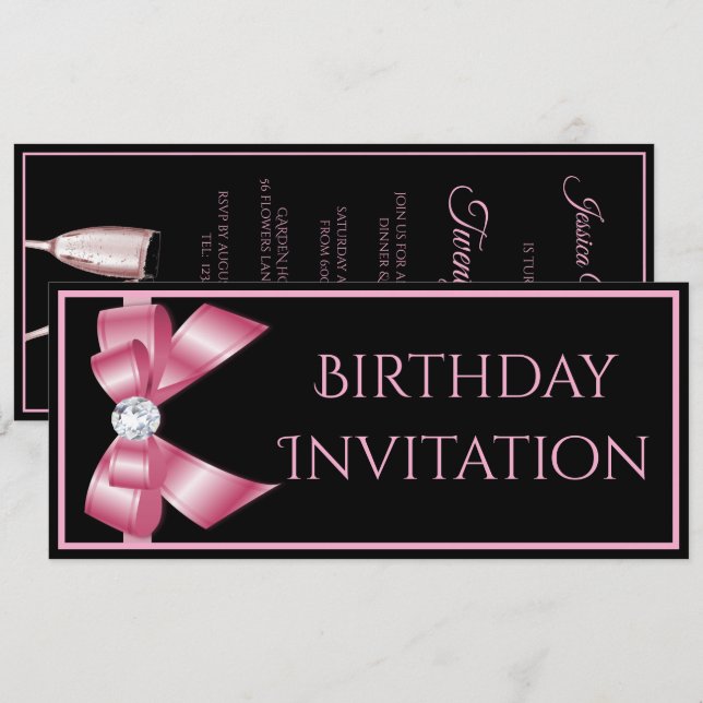Pink Bow & Champagne Birthday Invitation (Front/Back)