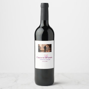 Pink bow cheers to 50 years anniversary wedding wine label