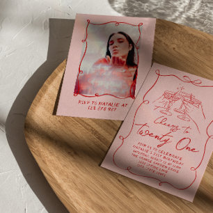 Pink Bow Cheers To Twenty One Photo Birthday Invitation