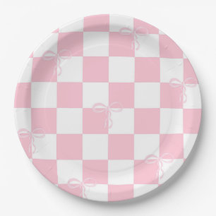 Pink Bow Chequered Girly Bachelorette Party Paper Plate