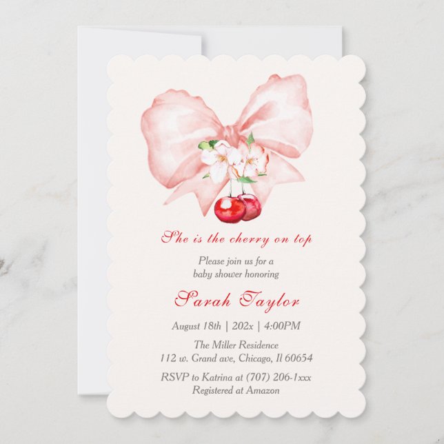 Pink Bow Cherry Baby Shower Invitation Template (Front)