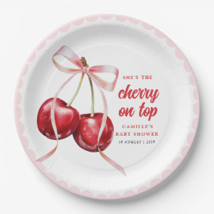 Pink Bow Cherry Baby Shower Paper Plate