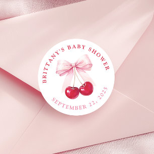 Pink Bow Cherry Baby Shower Round Stickers