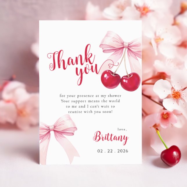 Pink Bow Cherry Baby Shower Thank You Card (Creator Uploaded)