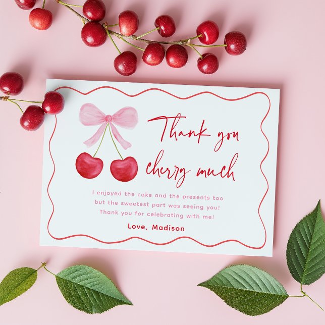Pink Bow Cherry Birthday Thank You Card (Creator Uploaded)