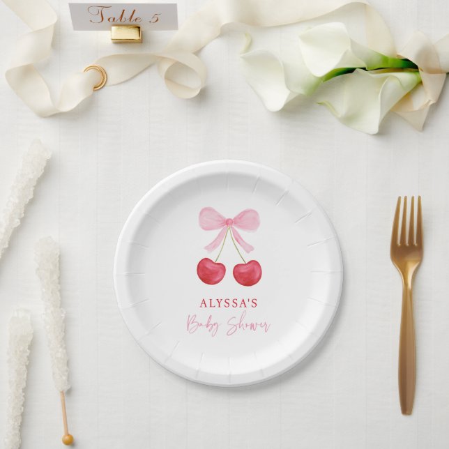Pink Bow Cherry Girl Baby Shower Paper Plate (Wedding)