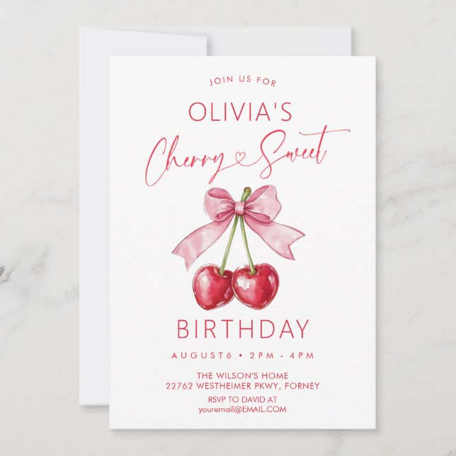 Pink bow cherry girl birthday invitation (Front)