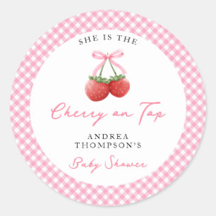 Pink Bow Cherry on Top Baby Shower Gingham Classic Round Sticker
