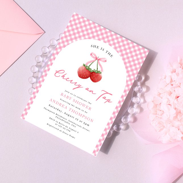 Pink Bow Cherry on Top Baby Shower Gingham Invitation (Creator Uploaded)