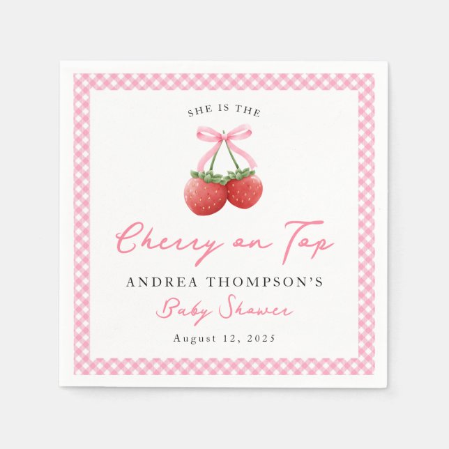 Pink Bow Cherry on Top Gingham Baby Shower   Napkin (Front)