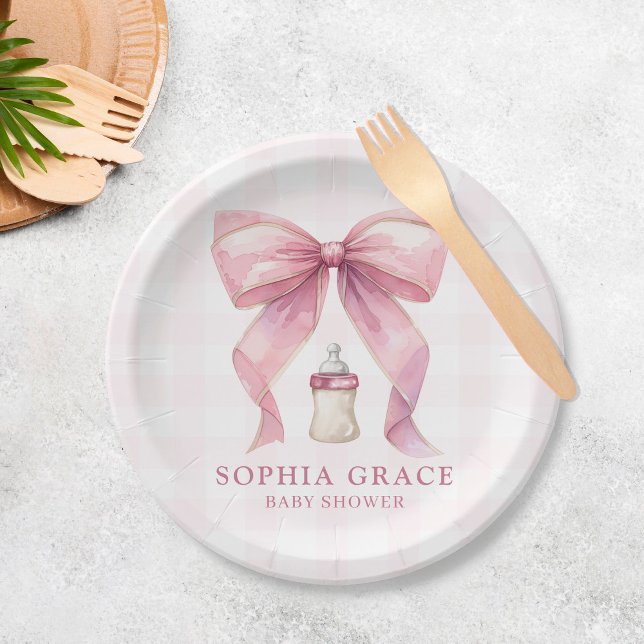 Pink Bow Chic Coquette Girl Baby Shower Paper Plate (Creator Uploaded)