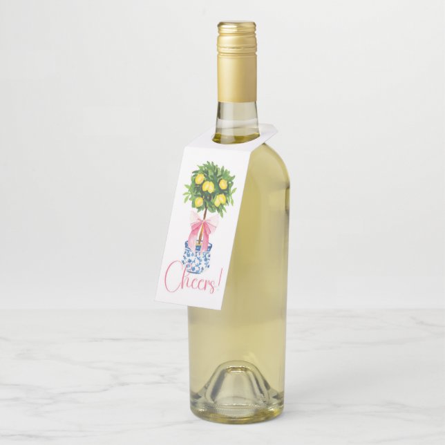 Pink Bow Chinoiserie Lemon Topiary Tree Bottle Tag (Angled)