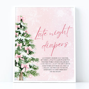 Pink Bow Christmas Baby Shower Late Night Diapers  Poster