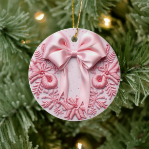 Pink Bow Christmas Ceramic Ornament