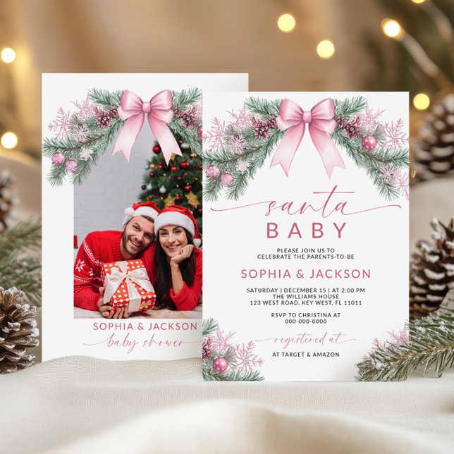 Pink Bow Christmas Santa Baby Shower Invitation (Creator Uploaded)
