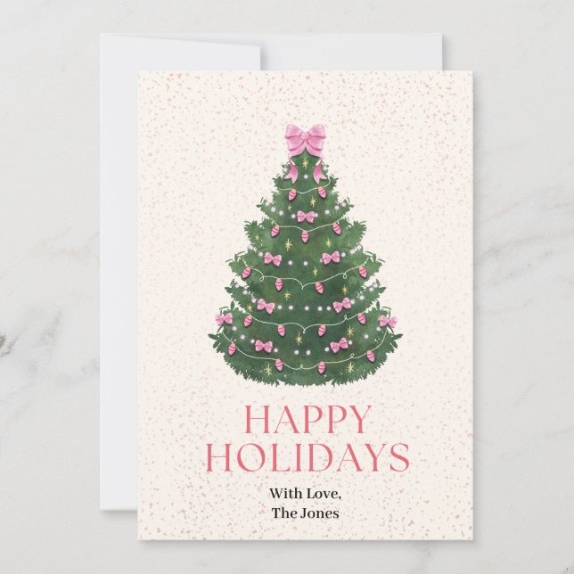Pink Bow Christmas Tree Holiday Card (Front)