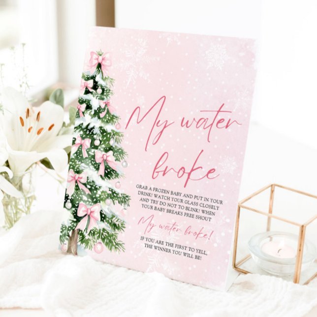 Pink Bow Christmas Tree My Water Broke Baby Shower Pedestal Sign (Pink Bow Christmas Tree My Water Broke Baby Shower Game Sign)