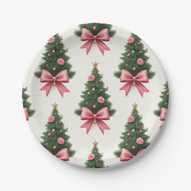Pink Bow Christmas Tree Paper Plate (Front)