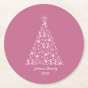 Pink Bow Christmas Tree Round Paper Coaster