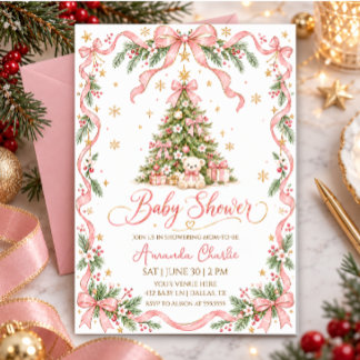 Pink Bow Christmas Tree Teddy Bear Baby Shower Invitation