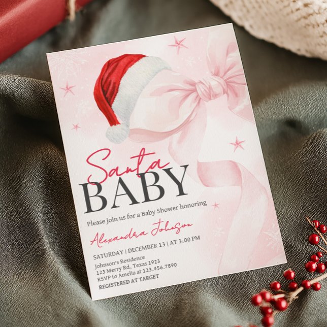 Pink Bow Christmas Winter Baby Shower Invitation (Coquette Pink Bow Santa Baby Christmas Baby Shower Invitation)