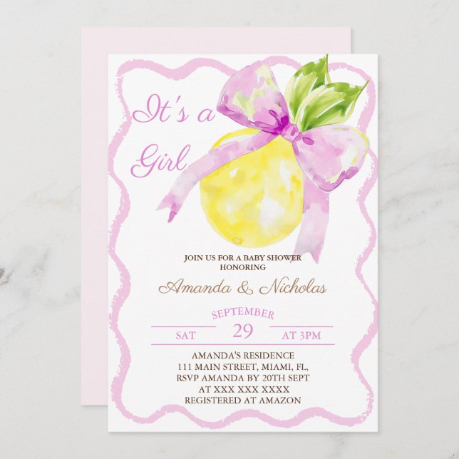 Pink Bow Citrus Girl Baby Shower Invitation (Front/Back)