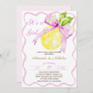 Pink Bow Citrus Girl Baby Shower Invitation