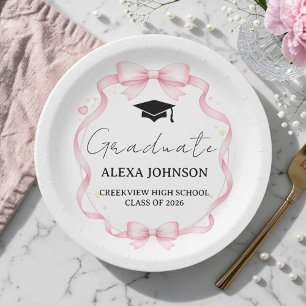 Pink Bow Class Of 2026 Graduation Cap Graduate Paper Plate