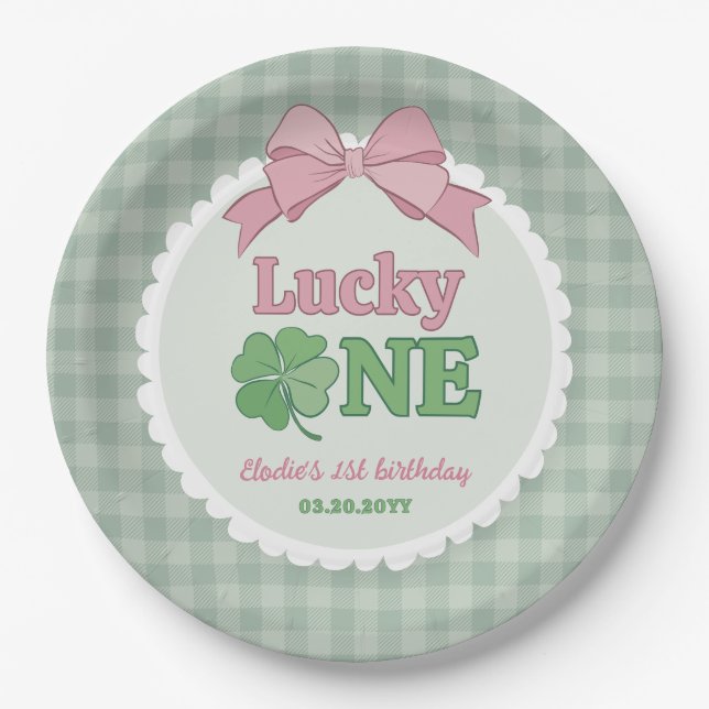 Pink Bow Clover Lucky One Girl 1st Birthday Paper Plate (Front)