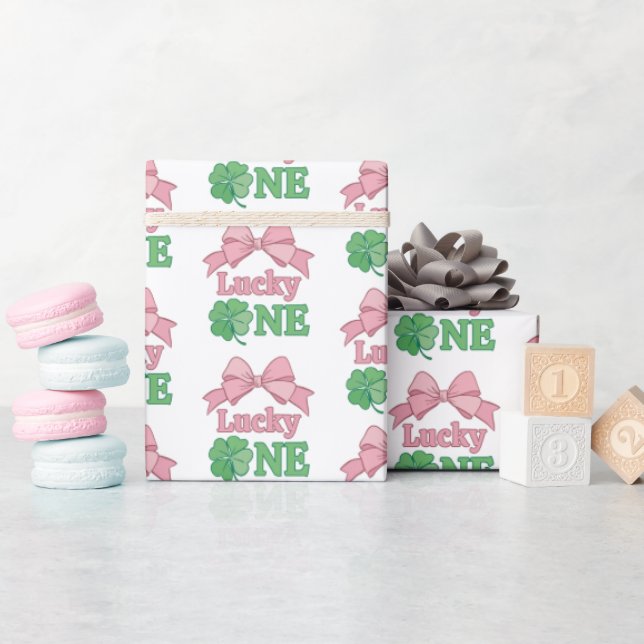 Pink Bow Clover Lucky One Girl 1st Birthday Wrapping Paper (Baby Shower)