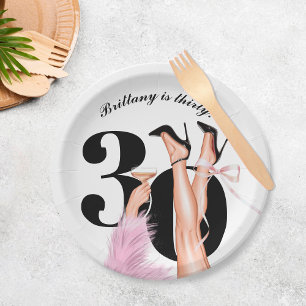 Pink Bow & Cocktails Coquette Modern 30th Birthday Paper Plate