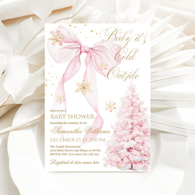 Pink Bow Cold Outside Baby Girl Shower Invitation (Creator Uploaded)