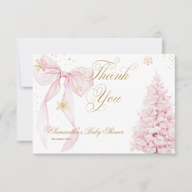 Pink Bow Cold Outside Baby Girl Shower Thank You Card (Front)