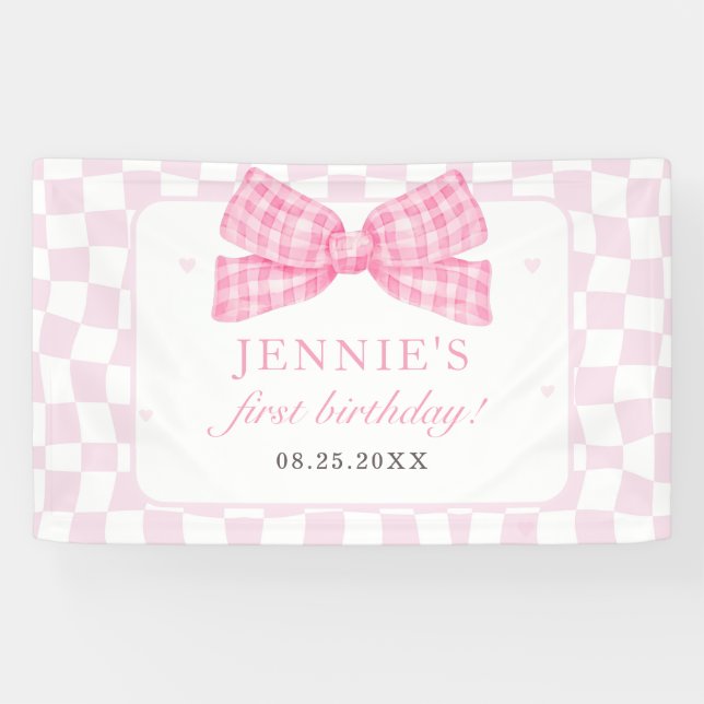 Pink Bow Coquette 1st Birthday Party Banner (Horizontal)