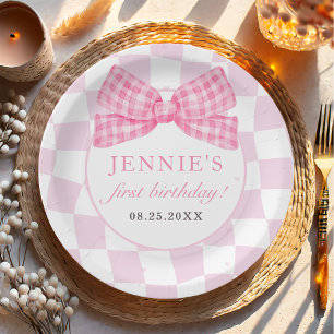 Pink Bow Coquette 1st Birthday Party Paper Plate