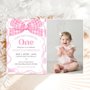 Pink Bow Coquette 1st Birthday Party Photo Invitation