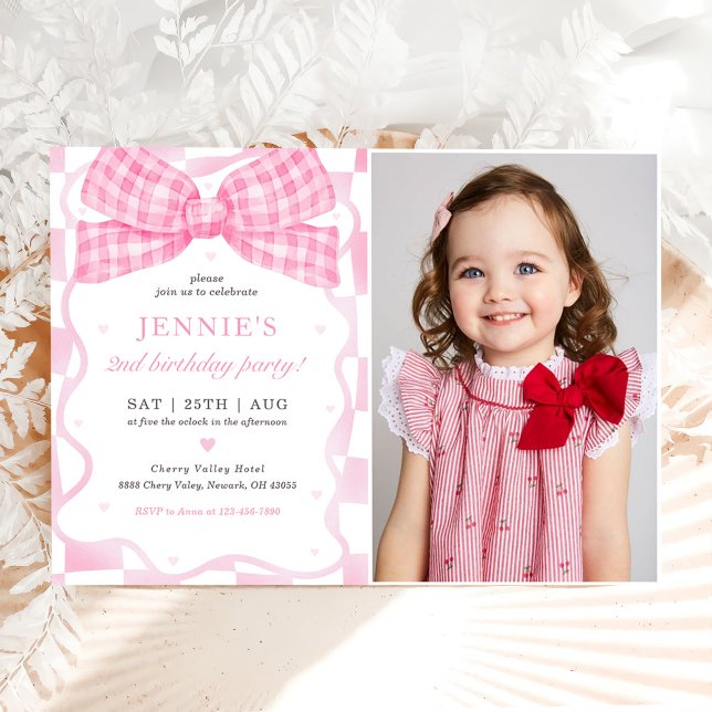 Pink Bow Coquette 2nd Birthday Party Photo Invitation (Creator Uploaded)