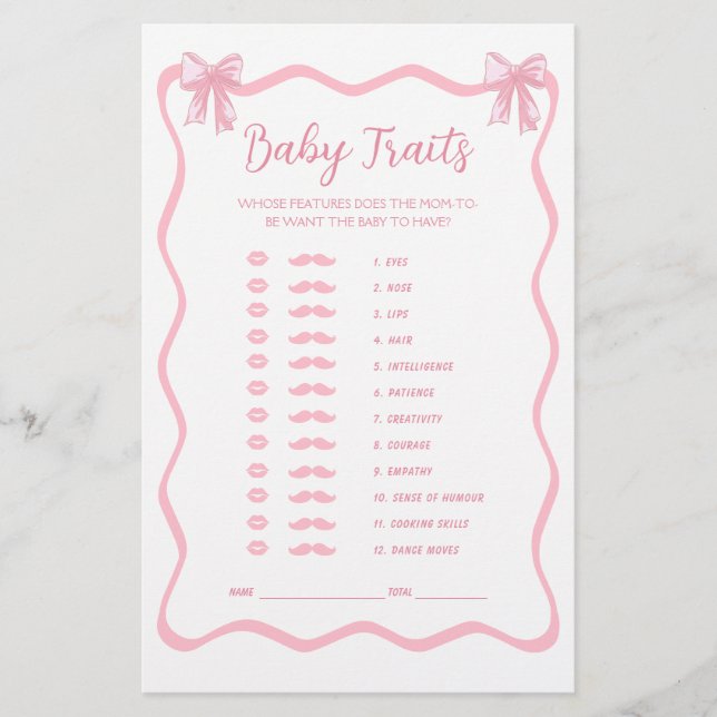 Pink Bow Coquette Baby Shower Baby Traits Game (Front)
