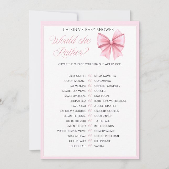 Pink Bow Coquette Baby Shower - Editable Name, 5x7 Invitation (Front)
