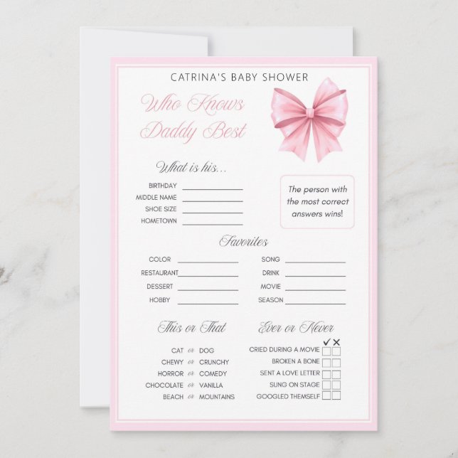 Pink Bow Coquette Baby Shower - Editable Name, 5x7 Invitation (Front)