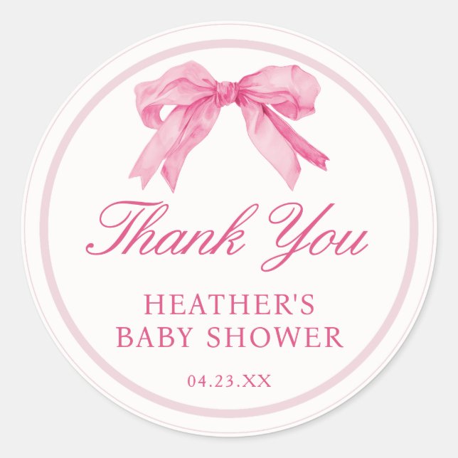 Pink Bow Coquette Baby Shower Thank You Classic Round Sticker (Front)