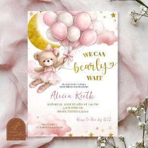 Pink Bow Coquette Bear and balloon Baby Shower Invitation