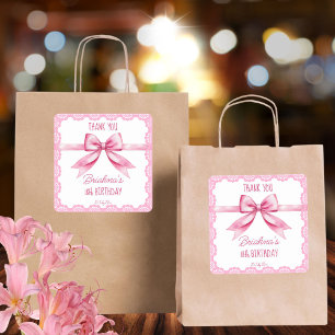 Pink bow coquette birthday party favor square sticker