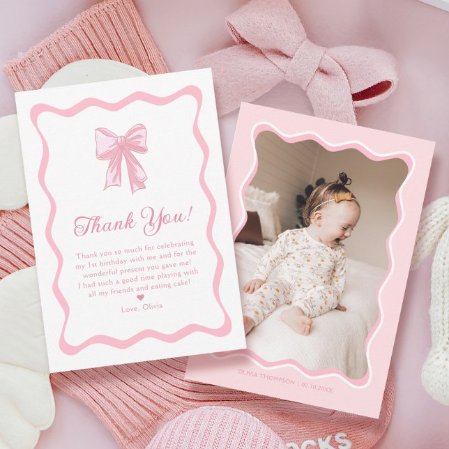 Pink Bow Coquette Birthday Party Photo Thank You Card (Creator Uploaded)