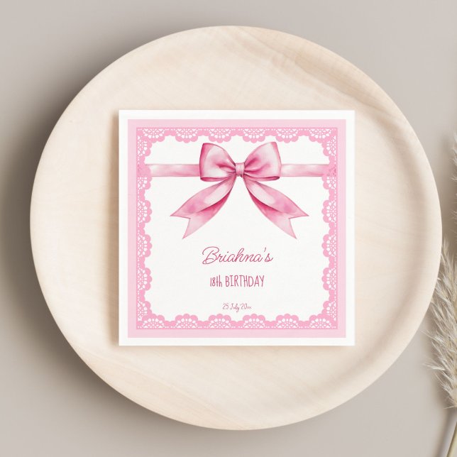 Pink bow coquette birthday party printed napkin (Pink bow coquette birthday party printed napkins template personalized birthday napkins vintage lace)