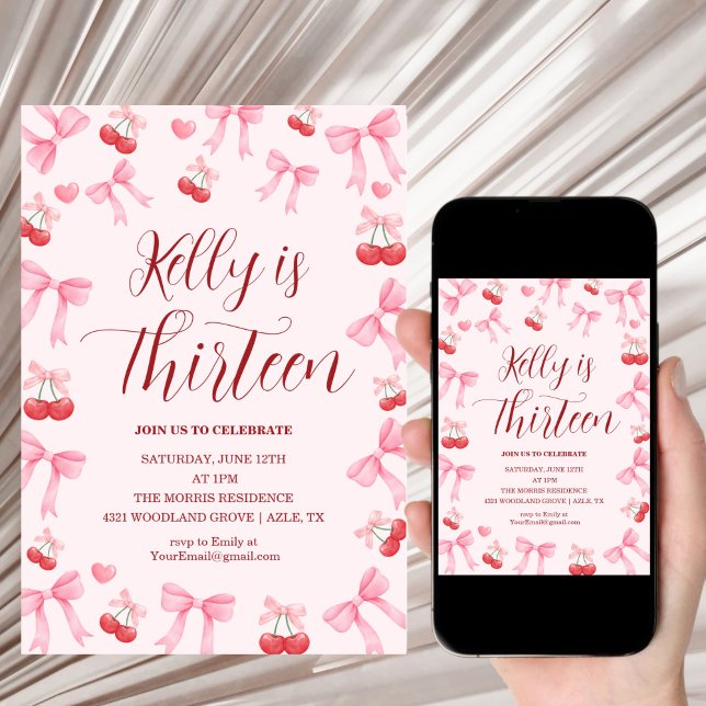 Pink Bow Coquette Bow Cherry Birthday, 13th Invitation (Creator Uploaded)