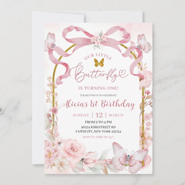 Pink Bow Coquette Butterfly 1st Birthday Invitatio Invitation (Front)