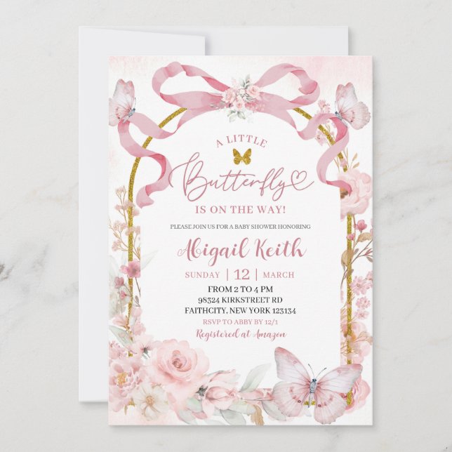 Pink Bow Coquette Butterfly Baby Shower Invitation (Front)